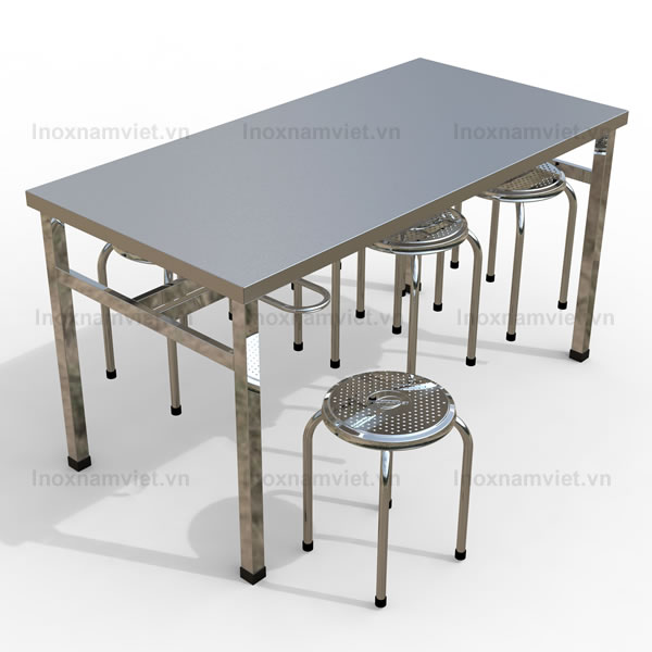 Bộ bàn ăn inox công nghiệp ghế chân thẳng 1500x750