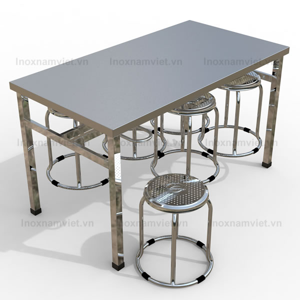 Bộ bàn ăn inox công nghiệp ghế chân tròn 1400x750