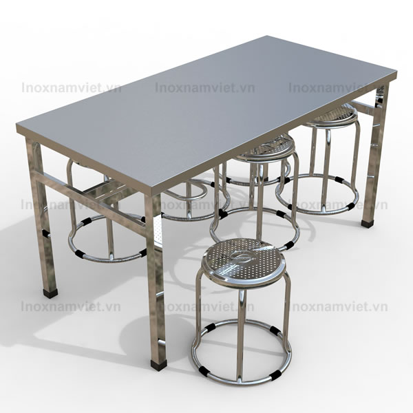 Bộ bàn ăn inox công nghiệp ghế chân tròn 1500x750