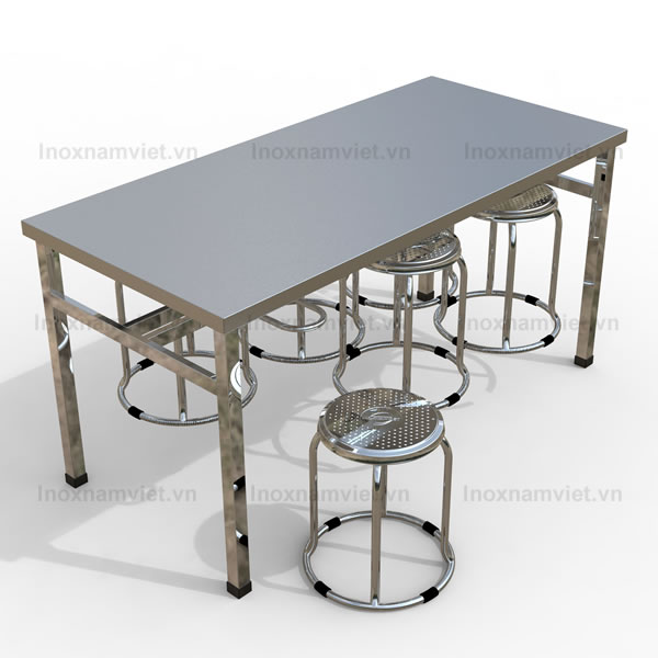 Bộ bàn ăn inox công nghiệp ghế chân tròn 1600x750