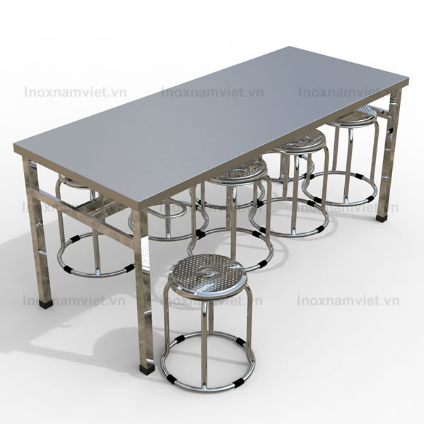 Bộ bàn ăn inox công nghiệp ghế chân tròn 1800x750