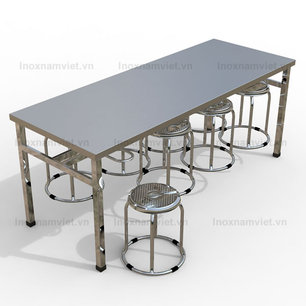 Bộ bàn ăn inox công nghiệp ghế chân tròn 2000x750