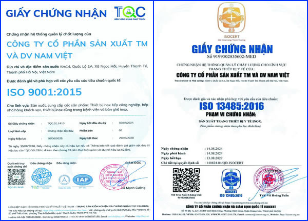Hình ảnh giấy chứng nhận Iso 9001:2015 và Iso 13485:2016 của Inox Nam Việt