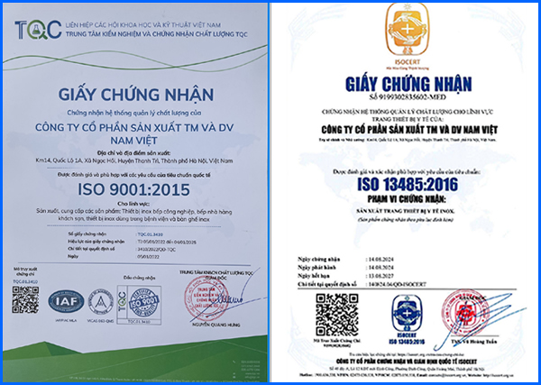 Hình ảnh giấy chứng nhận Iso 9001:2015 và Iso 13485:2016 của Inox Nam Việt