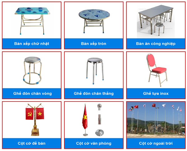 Hình minh hoạ các sản phẩm bàn ghế, cột cờ inox do Inox Nam Việt sản xuất